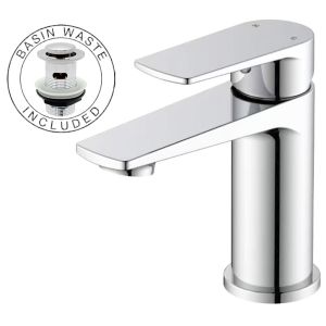 OE Ra Bathroom Basin Mixer Tap (35mm Cartridge) - Includes Waste, Single Lever Control, Chrome Finish