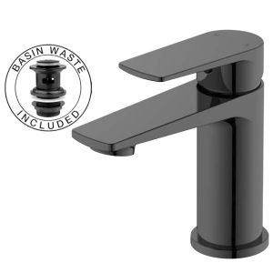 OE Ra Black Bathroom Basin Mixer Tap (40mm Cartridge) - Includes Waste, Single Lever Control