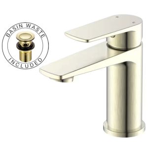 OE Ra Brushed Gold Bathroom Basin Mixer Tap (40mm Cartridge) - Includes Waste, Single Lever Control